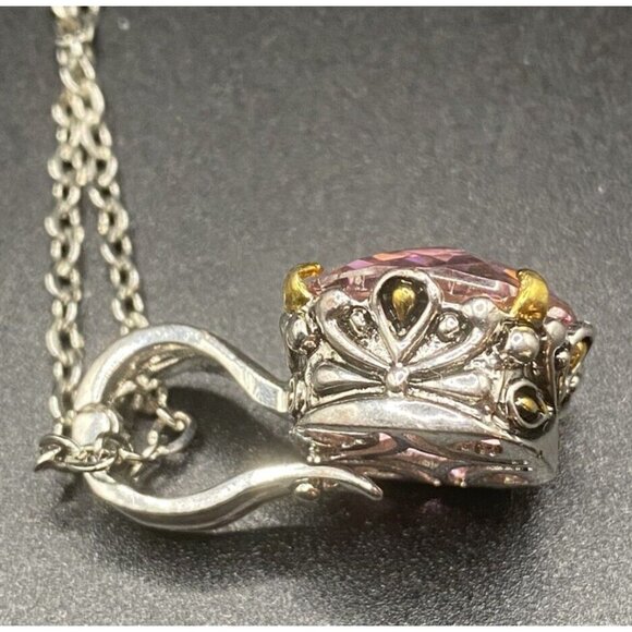 Two-tone Necklace Cushion Cut Pink CZ Renaissance Revival 16" + 3" Barbiecore - Picture 8 of 13